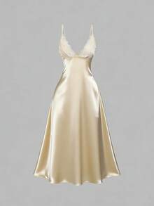 Sweetra Fashionable Sexy V-Neck Contrast Lace A-Line Slim Fit Casual Spaghetti Strap Summer Dress For Women - Light Yellow - View 1