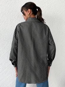 EURMUSE Striped Print Drop Shoulder Curved Hem Shirt - Black - View 5