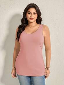 Comfylo Plus Size Women Solid Color Round Neck Casual Basic Knit Tank Top - Dusty Pink - View 3