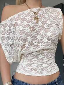 Easelle Women's Fashionable Asymmetrical White Lace T-Shirt, Summer Textured Floral Pattern Off-Shoulder White T-Shirt Top - White - View 1