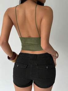 Aloruh Áo hở lưng cổ yếm màu trơn gợi cảm dành cho nữ, thích hợp cho mùa hè. - xanh quân đội - Xem 2