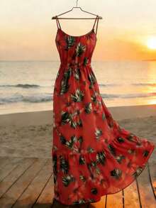 Breezaya Đầm nữ thanh lịch in hoa, đầm đỏ đi biển, đầm hai dây mùa hè. - Nhiều màu - Xem 3
