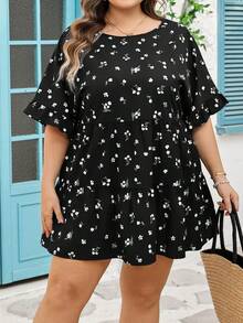 SHEIN CURVE+ Curve 尺码 US22 音乐节、海滨度假、波西米亚风女士夏季休闲褶皱花卉灯笼袖复古波西米亚风衬衫 - 黑色 - 查看 9