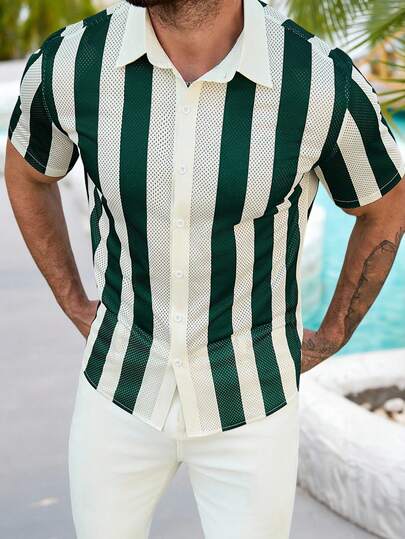 VENTUSAIL Camisa casual de manga corta de una sola hilera con rayas para hombre