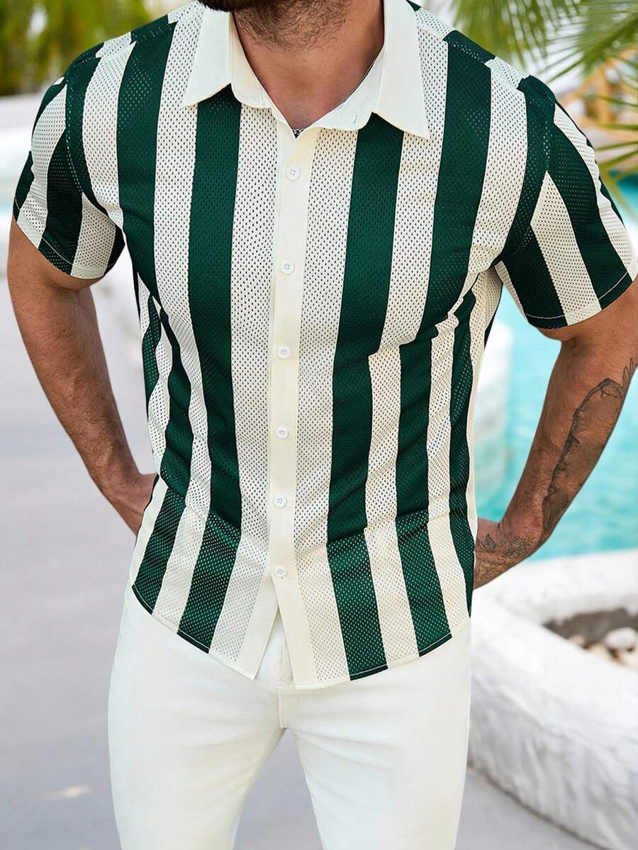 VENTUSAIL Camisa casual de manga corta de una sola hilera con rayas para hombre - Multicolor - Ver 1