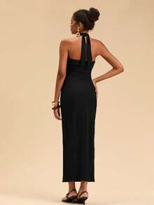Travachic Women's Solid Color Fitted Elegant Knit Halter Dress,Summer Dresses For Women - Black - View 2