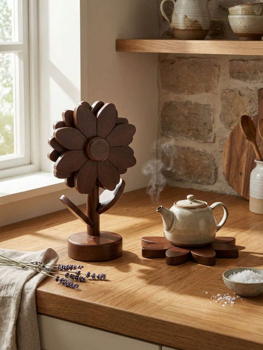 Cirelle Sunflower-Shaped Solid Wood Placemats - Heat-Resistant Natural Mats For Dining Table, Rustic Home Decor & Kitchen Essential - Multicolor - View 1