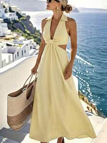 Isle Nomé Women's Sleeveless V-Neck Twist Knot A-Line Yellow Casual Dress, Suitable For Daily Wear And Vacation - Light Yellow - View 1