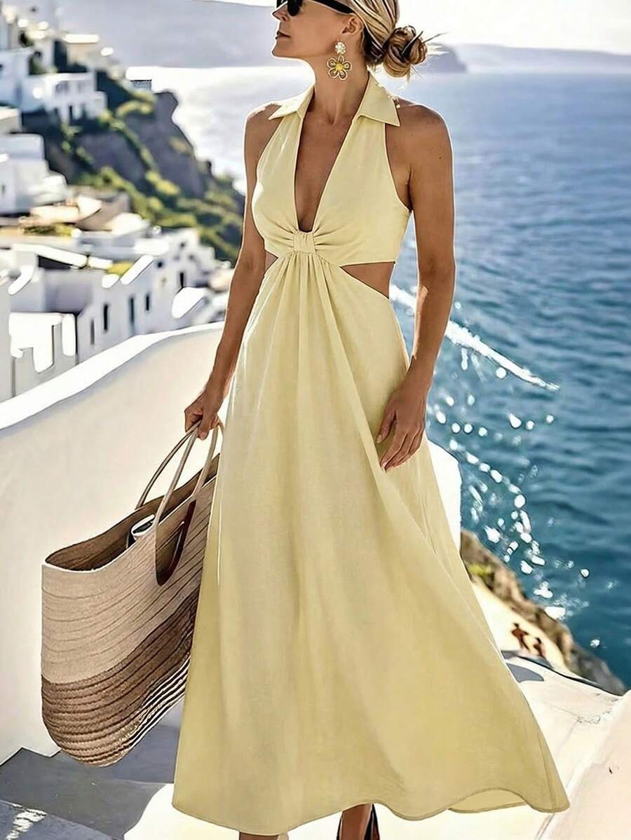Isle Nomé Women's Sleeveless V-Neck Twist Knot A-Line Yellow Casual Dress, Suitable For Daily Wear And Vacation - Light Yellow - View 1