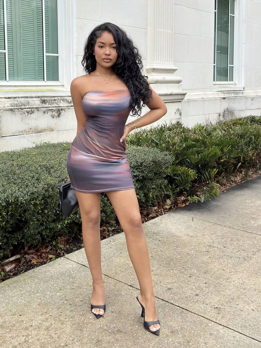 Alexandranx 休闲优雅性感抽象图案棕色咖啡性感全印花抹胸紧身休闲夏装，适合夏季、度假、派对 - 彩色 - 查看 1