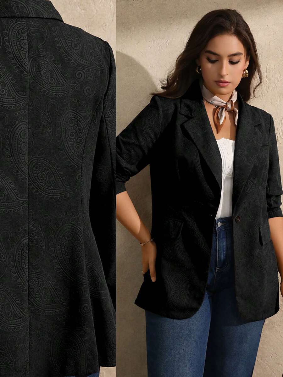 Juhart 大码女式复古棕色优雅植物压纹西装外套 - 黑色 - 查看 1