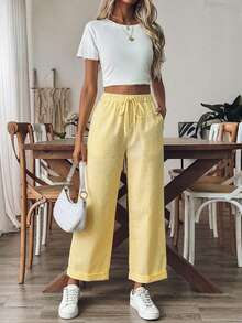 Breezaya 女士系带腰条纹阔腿宽松裤 - Butter Yellow - 查看 3