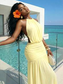 Slaydiva New Early Spring, Spring And Summer Music Festival, Valentine's Day, Easter, Bohemian Style, Nomadic Style, Casual, Simple And Basic, Cruise Party, Birthday Party, Daily Date, Casual Vacation, Elegant Commuting, Round Neck, Halter, Tie, Large Backless, Pleated Design, A Skirt, Light Yellow Dress, Slim Dress, Long Dress, Net Fabric, Long Dress For Women -B - Light Yellow - View 5