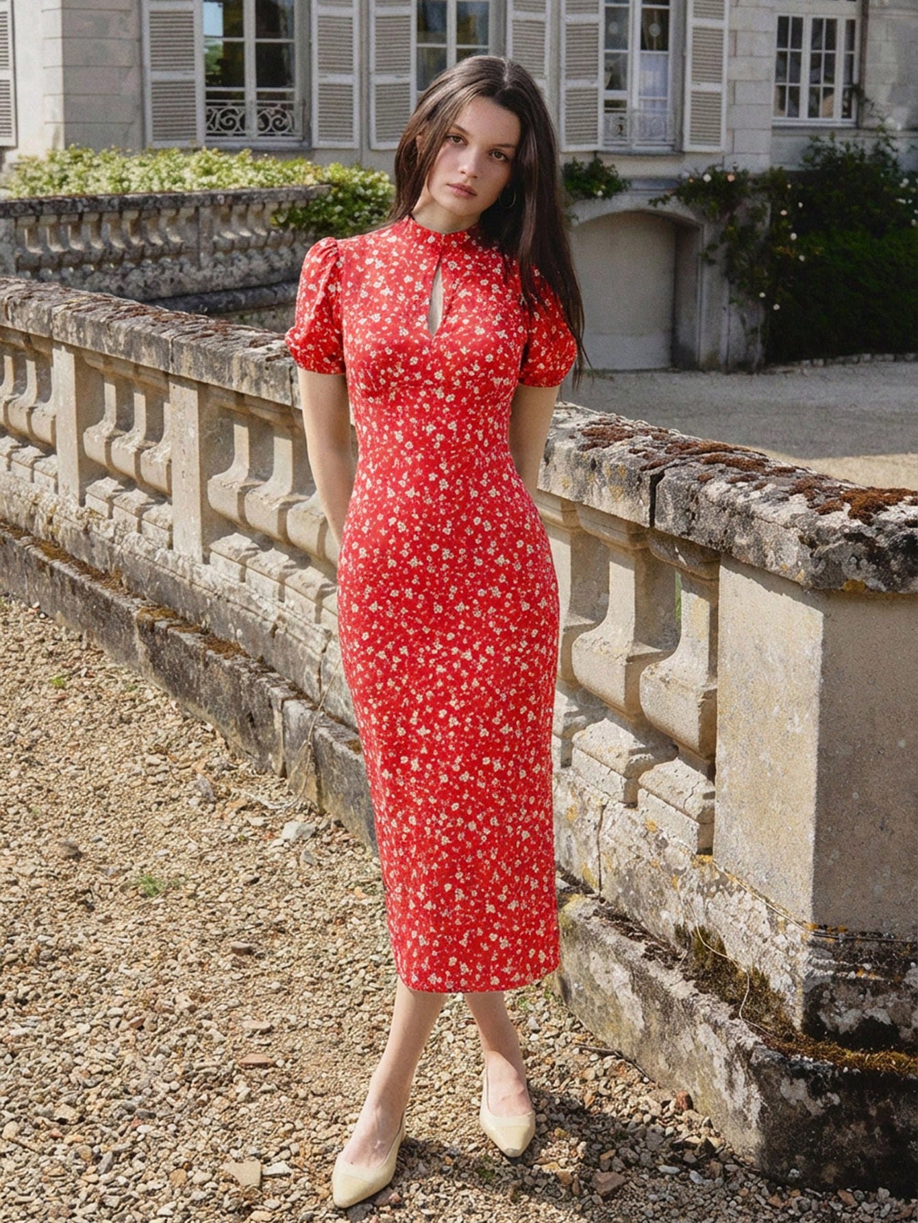 Red Floral Print Vintage Style Fitted Woven Dress With High Neck Valentines Day Dress New Year Dress Office Outfits For Women Red Floral Dress French Style Dress Winter Dress Summer Dress