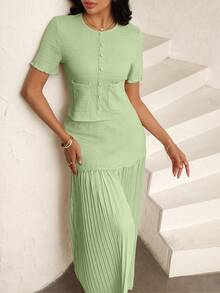 Modelyn Women's Elegant Pink Textured Short Sleeve Jacket And Pleated Skirt 2 Pieces Set - Green - View 1