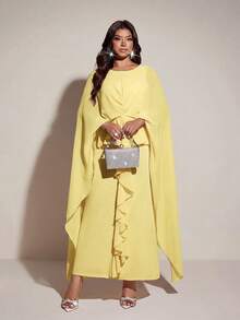 Viva Relle Áo choàng voan thanh lịch, lãng mạn dành cho nữ cỡ lớn, phù hợp với váy dự tiệc cưới, váy dài thướt tha, váy vàng mùa xuân/hè cho nữ, trang phục dạ hội mới nhất, trang phục màu vàng sang trọng cho nữ. - Màu vàng - Xem 3