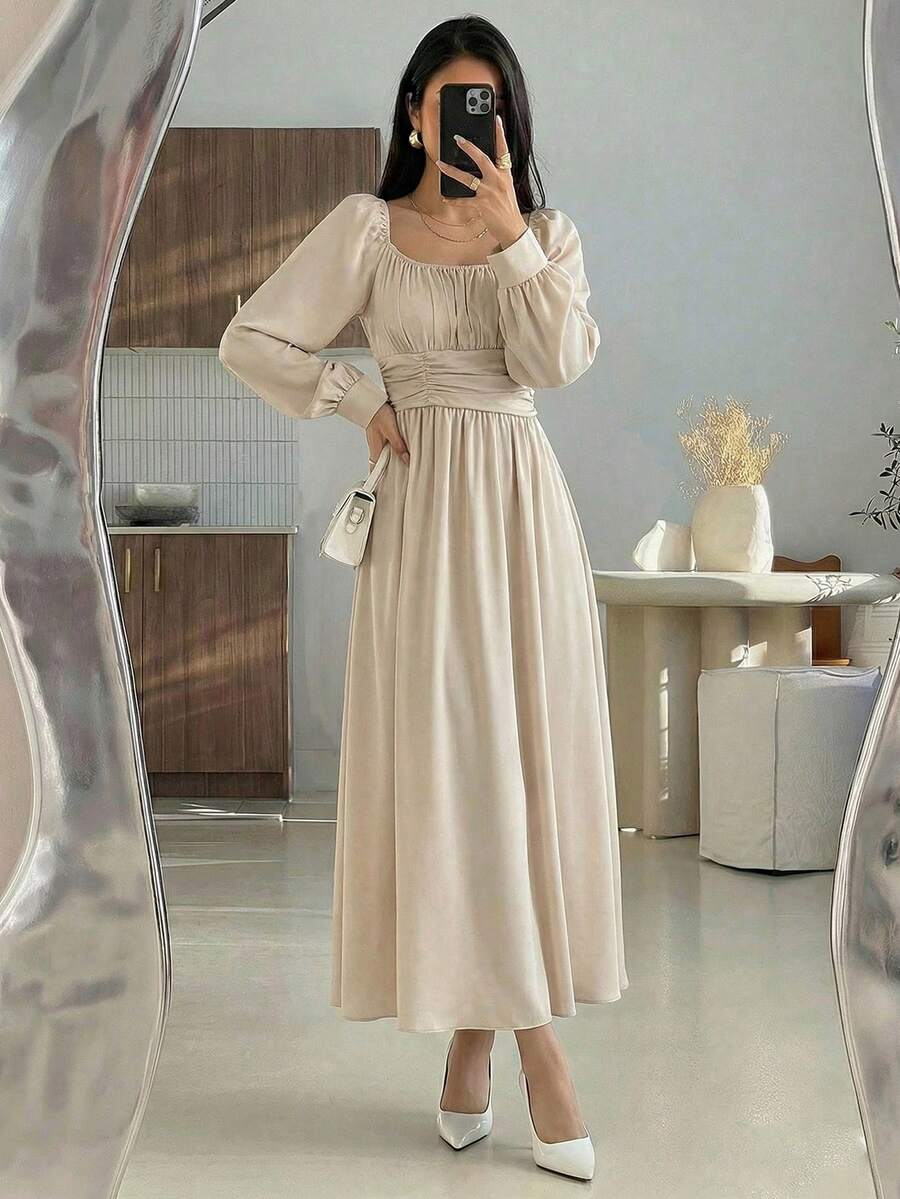 Modelyn 女士杏色梭织长袖褶裥A字优雅连衣裙，春夏款 - 杏色 - 查看 1