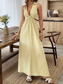 Isle Nomé Women's Sleeveless V-Neck Twist Knot A-Line Yellow Casual Dress, Suitable For Daily Wear And Vacation - Light Yellow - View 5