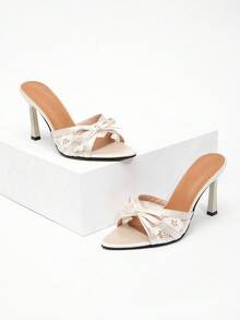 CUCCOO CHICEST 全新时尚百搭水钻蝴蝶结带细高跟凉鞋 - 杏色 - 查看 4