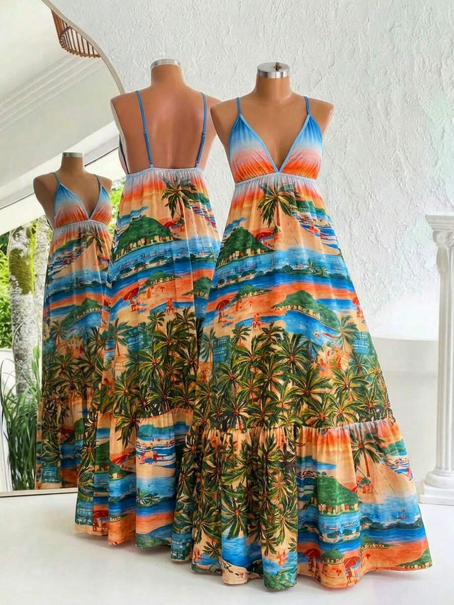 VaVaBold Deep V-Neck City Casual Vacation Spaghetti Strap Dress - Multicolor - View 1