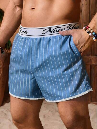 Manfinity RSRT 男士蓝色条纹休闲弹力腰短裤，纽约字母图案设计，轻松海滩度假风