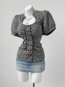 Sunspun Casual Round Neck Double-Breasted Pleated Fitted Shirt - Black and White - View 6