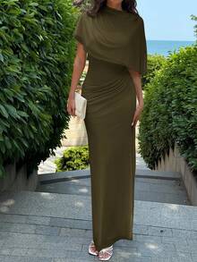Aloruh Elegant Minimalist Commuting Fashion Elastic Waist Design Multilayer Ruffle Decor Waist Ruffle Slimming Long Dress, Suitable For Formal Occasions, Dates, Vacations - Army Green - View 5