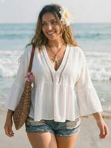 SHEIN ICON Top ajusté blanc à manches évasées, patchwork de tissu texturé, décolleté en V, style bohème, pour les festivals de musique, les vacances à la plage, décontracté et élégant, taille grande pour femmes, printemps/été - Blanc - Voir 10