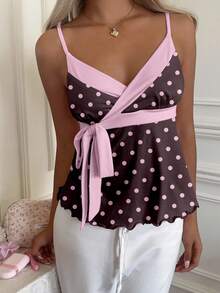CovetEZ Women's Retro Contrast Polka Dot Print Tie Front Camisole, Suitable For Outings, Street Style, Chic, Y2K, Beach Vacation - Multicolor - View 8