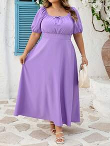 SHEIN CURVE+ Curve 加大码 US22 音乐节、海滨度假、波西米亚风 CURVE PLUS // 女士紫色短袖休闲抽绳腰身优雅连衣裙，适合婚礼宾客、春夏穿着。这款紫色连衣裙优雅迷人，适合日常、外出、约会、下午茶、度假等各种场合。浪漫甜美连衣裙 - 紫色 - 查看 4