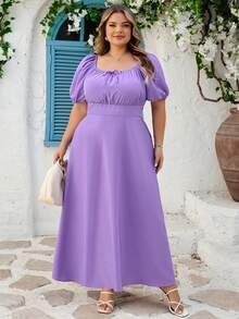 SHEIN CURVE+ Curve 加大码 US22 音乐节、海滨度假、波西米亚风 CURVE PLUS // 女士紫色短袖休闲抽绳腰身优雅连衣裙，适合婚礼宾客、春夏穿着。这款紫色连衣裙优雅迷人，适合日常、外出、约会、下午茶、度假等各种场合。浪漫甜美连衣裙 - 紫色 - 查看 5