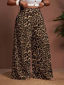 Veslaya 2026春夏新款休闲日常穿着及海滩篝火派对宽松大码女式长裤，饰有彩色豹纹元素 - 棕色 - 查看 4