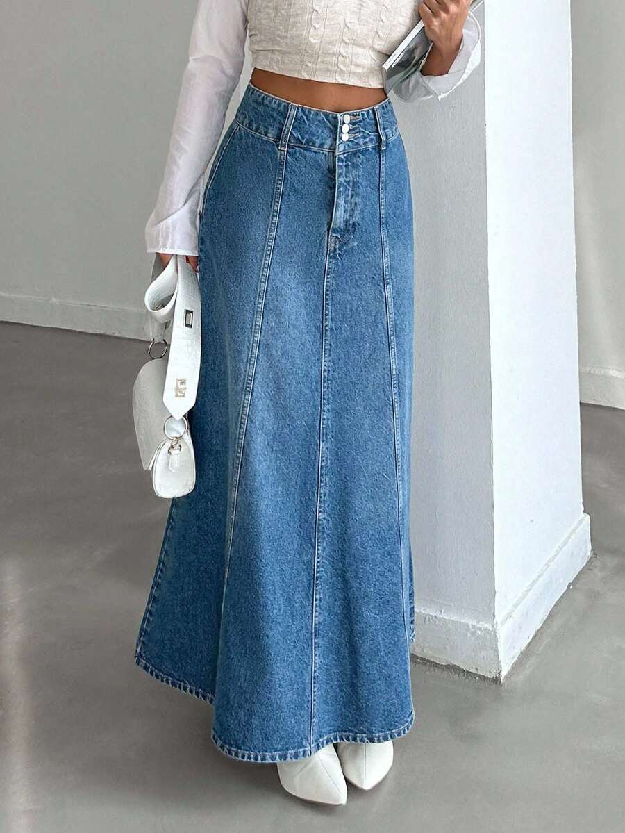 EURMUSE Women's Solid Color Casual Denim Skirt - Light Wash - View 1