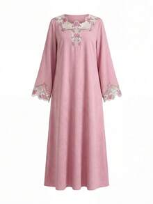 Al Najma 女士秋季水洗褶皱长袖花卉刺绣连衣裙，适合女性穿着，款式端庄，包括沙尔瓦卡米兹、复活节周日优雅长裙、全球时尚春季休闲刺绣长裙、适合工作场合的端庄刺绣连衣裙、花园派对刺绣连衣裙，宽松休闲廓形，优雅传统风格，浪漫粉色调花卉蕾丝领口 | 全球时尚必备春季休闲装，适合春节、春假穿着，采用柔软轻盈面料，长袖设计 - 粉色 - 查看 8