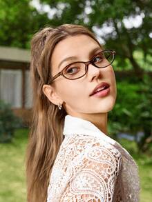 时尚女士小框椭圆形高端欧美百搭透明眼镜，通勤和返校必备 - 無色 - 查看 14