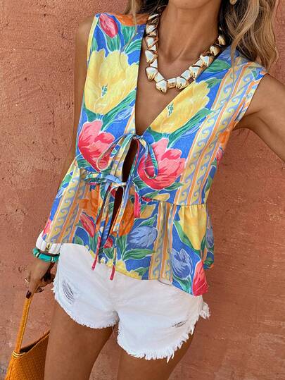 Flora Isola Flora Isola Women's Elegant Floral Print V-Neck Sleeveless Tie Front Tank Top For Vacation