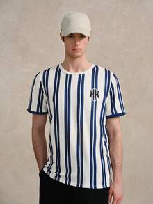 Herren einfaches blaues gestreiftes T-Shirt, geeignet für Schule, Ausflüge und Freundschaftsgeschenke, Tennis Preppy, Sommer, Vatertags-Geschenk - Blau - Übersicht 1