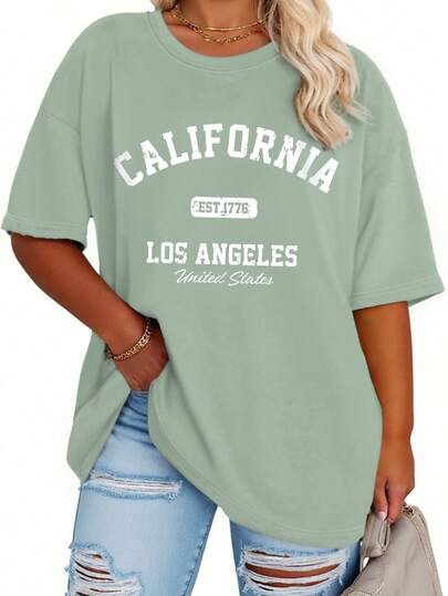 EMERY ROSE Plus Size Casual Women Los Angeles Letter Print Loose Fit Mid-Length Short Sleeve Round Neck T-Shirt