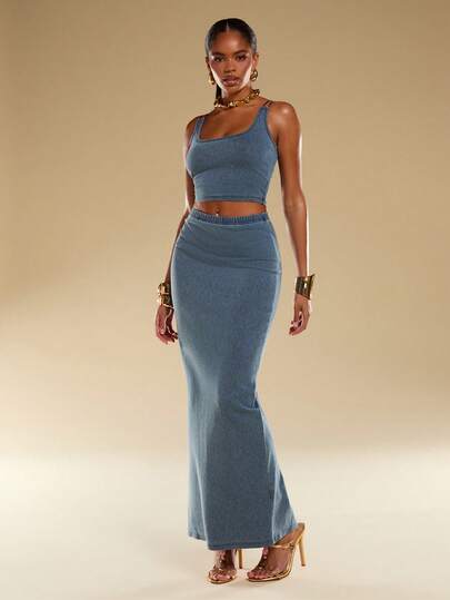 Normani Women's Summer Fashion Fitted Cropped Sleeveless Top And Denim Skirt Set