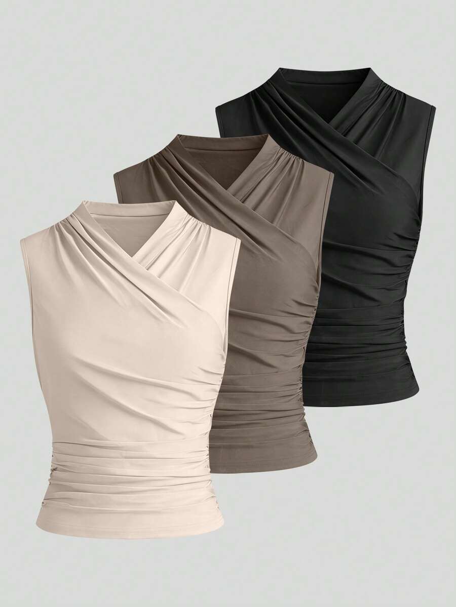 SHEIN LUNE 3-Pack Women's V-Neck Solid Color Sleeveless Casual Tank Tops - Multicolor - View 1