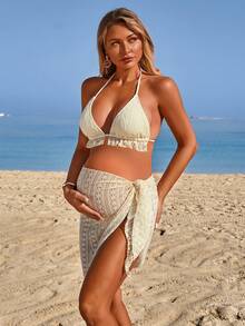 Swim Vcay 孕妇夏季沙滩纹理吊带比基尼套装和罩裙 - 杏色 - 查看 5