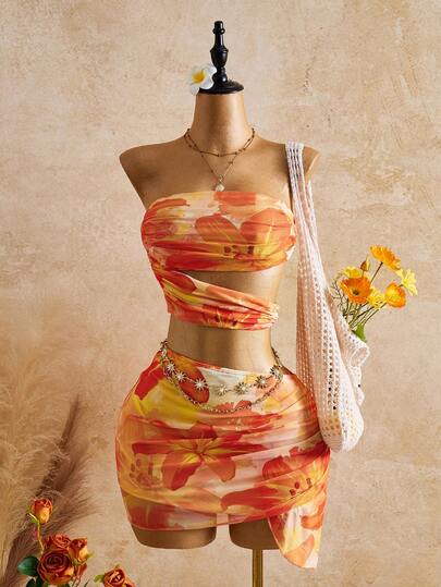 Femesol Summer Fashion Music Festival Beach Party Strapless Hollow Asymmetrical Hem Skirt 2 Pieces Set For Women