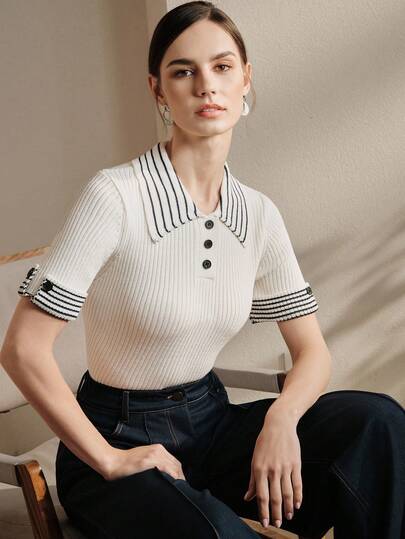 Anewsta 白色针织短袖丝滑条纹 Polo 领休闲上衣，夏季