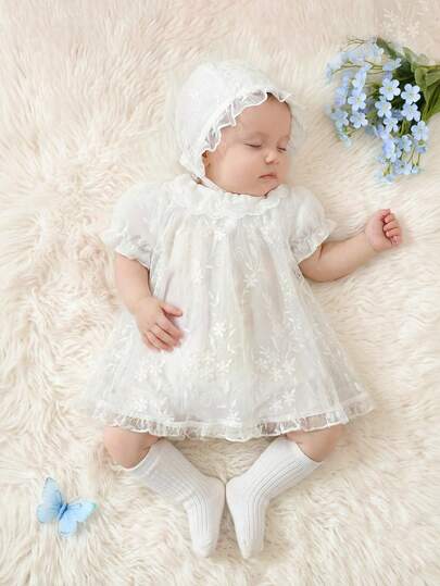 SHEIN 2件套幼儿女童夏季新生儿碎花领荷叶边蕾丝公主裙+蕾丝边帽子