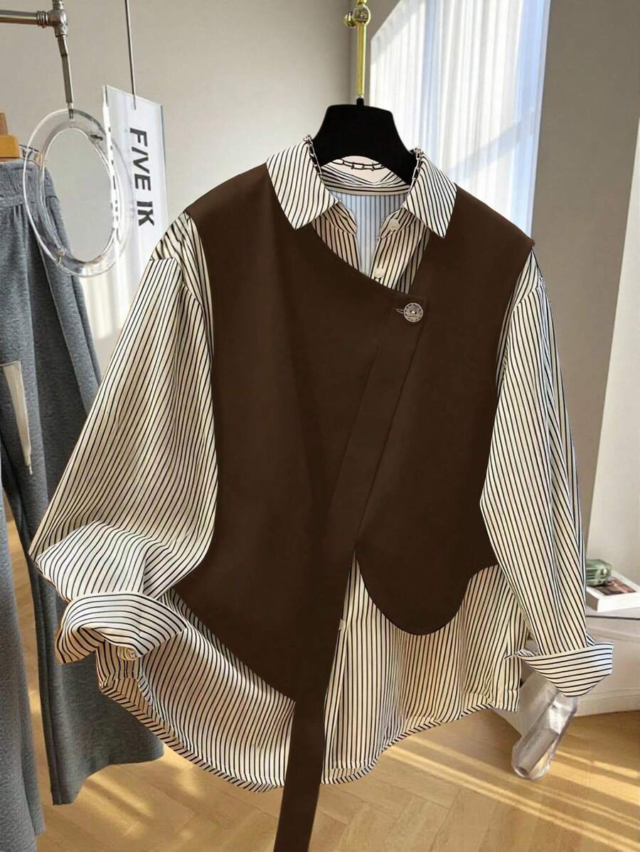 GlowEve Women's Striped Patchwork Long Sleeve Casual Shirt - Coffee Brown - View 1