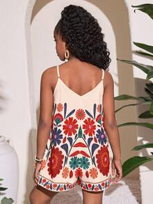 少女休闲度假热带花卉印花连体裤 - 彩色 - 查看 2