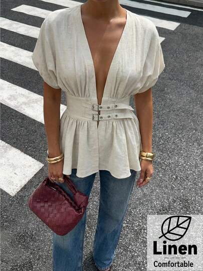 Aloruh Khaki V-Neck Short Sleeve Shirt, Elegant Business Casual Solid Top,Business Casual Woman,Office Wear Women,Teacher Outfits For Women,Going Out Tops,Elegant Women's Blouses,Casual Blouse For Women,Women's Social Blouse,Solid Color Top,Summer Tops