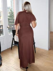salliqueen Elegant Minimalist Commuter Fashion Elastic Waist Design Multilayer Ruffle Waist Ruffle Flattering Long Dress, Suitable For Work, Date, Vacation,Dresses For Women Elegant - Coffee - View 2
