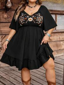 SHEIN CURVE+ Đầm nữ dáng ôm US22, kiểu Bohemian, cổ vuông, tay bồng, thêu họa tiết, thích hợp cho kỳ nghỉ biển và lễ hội âm nhạc. - màu đen - Xem 3