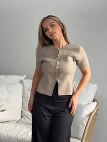 Jeta Ari Women's Solid Color Single-Breasted Short Sleeve Casual Knit Lightweight Cardigan, Autumn,Fall Brown Summer - Coffee Brown - View 4